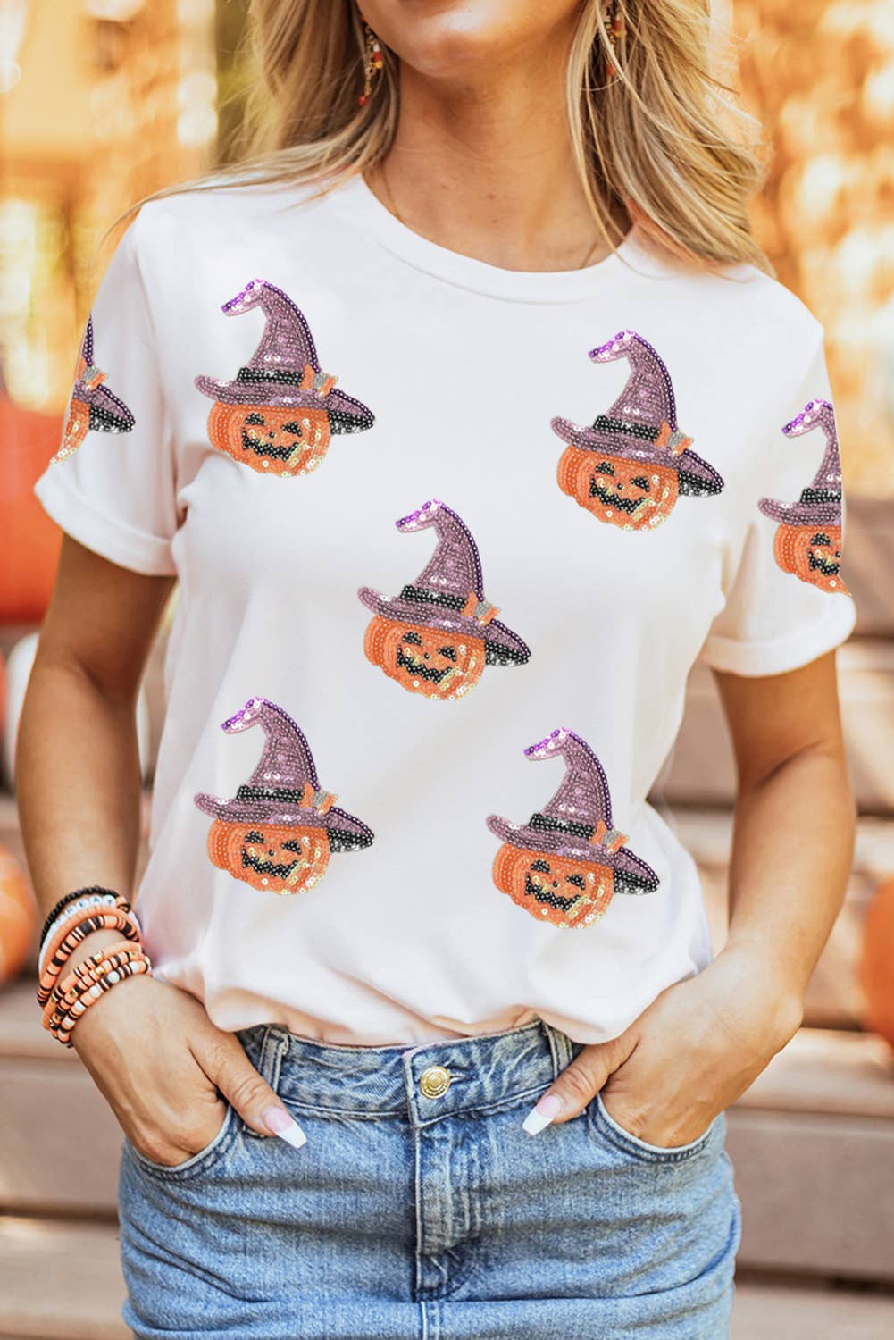 Sequin Pumpkin Witch Halloween Graphic Tee