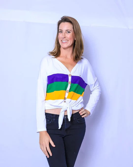 White Button Down Tie Stripe Top