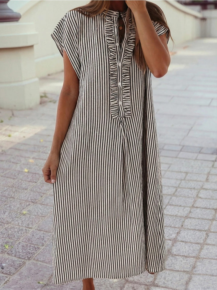 Ruffled Neck Black Stripe Maxi Dress