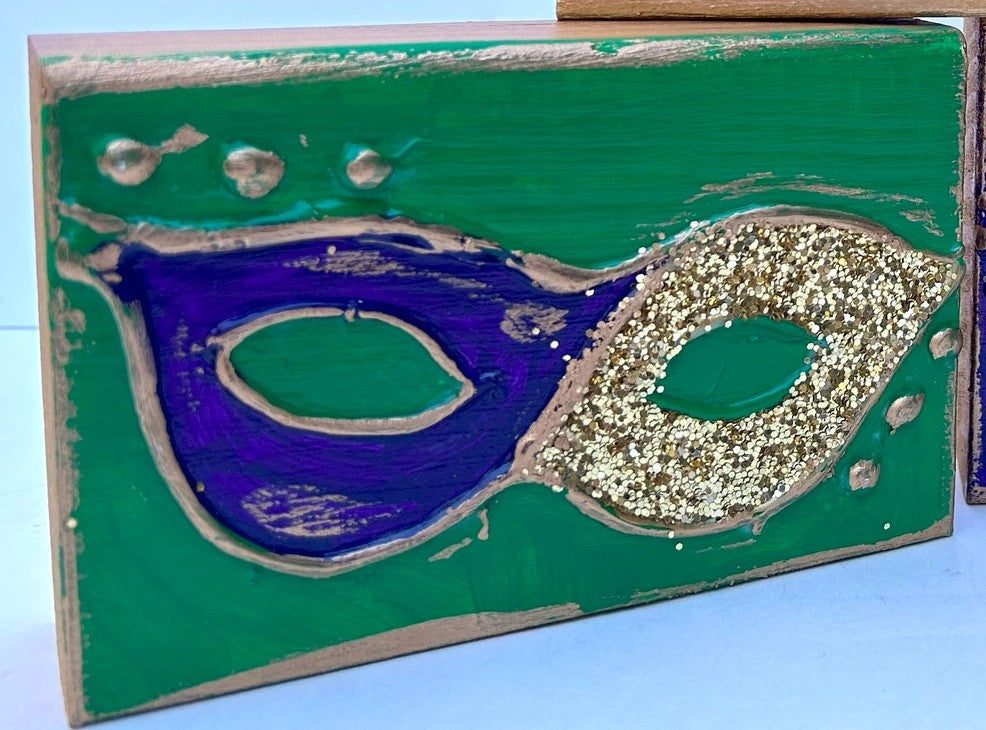 MG Glitter Mask Hand Painted Wood Block