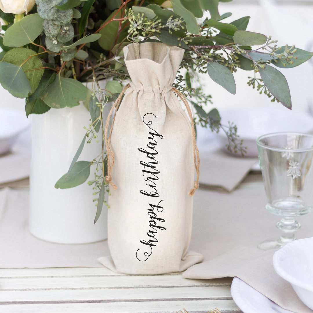 Happy Birthday Linen Wine Bag