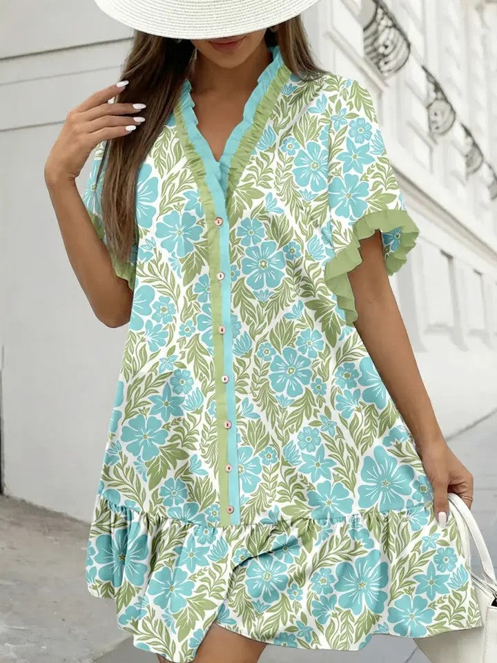 Botanical Frilled Mini Dress