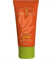 A squeeze tube of California Mango Shaved Body Butter Scrub, featuring a bright orange body with a lime green cap, set against a plain white background.