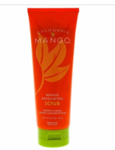 A squeeze tube of California Mango Exfoliating Scrub with a bright orange-red body, a lime green cap, and a large orange mango leaf graphic on the front.