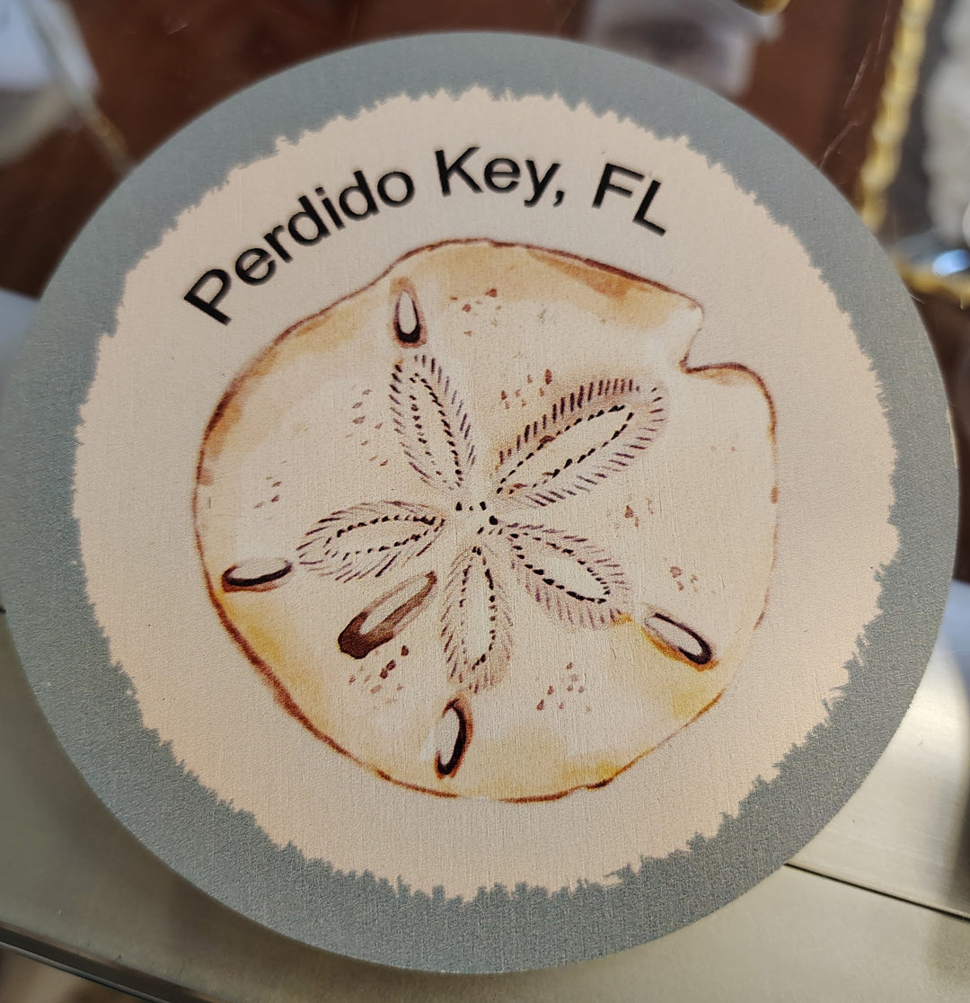 Seafoam Sand Dollar 4ʼʼ Round Wood Coaster