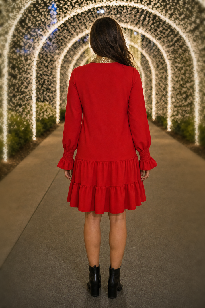 Red Nutcracker Sequin Ruffle Shirt Dress