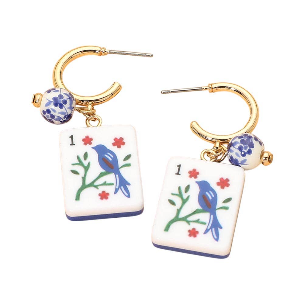 Mahjong Tile Charm Drop Hoop Earrings