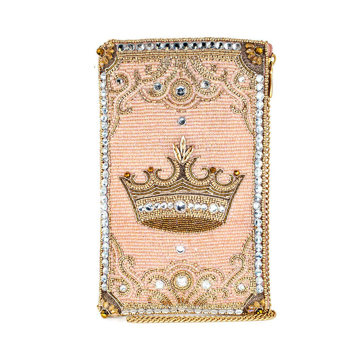 Crowned Jewel Beaded Pink and Gold Crown Crossbody Phone Bag