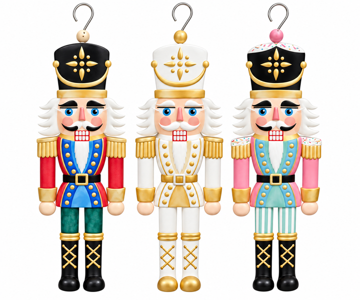 A flat, sign-style nutcracker soldier ornament in pastel pink, mint green, and gold, featuring a black crown with a gold star medallion, sprinkle-style trim on the hat and shoulders, gold buttons, a black belt with a gold buckle, striped trousers, and a metal hanging hook at the top.