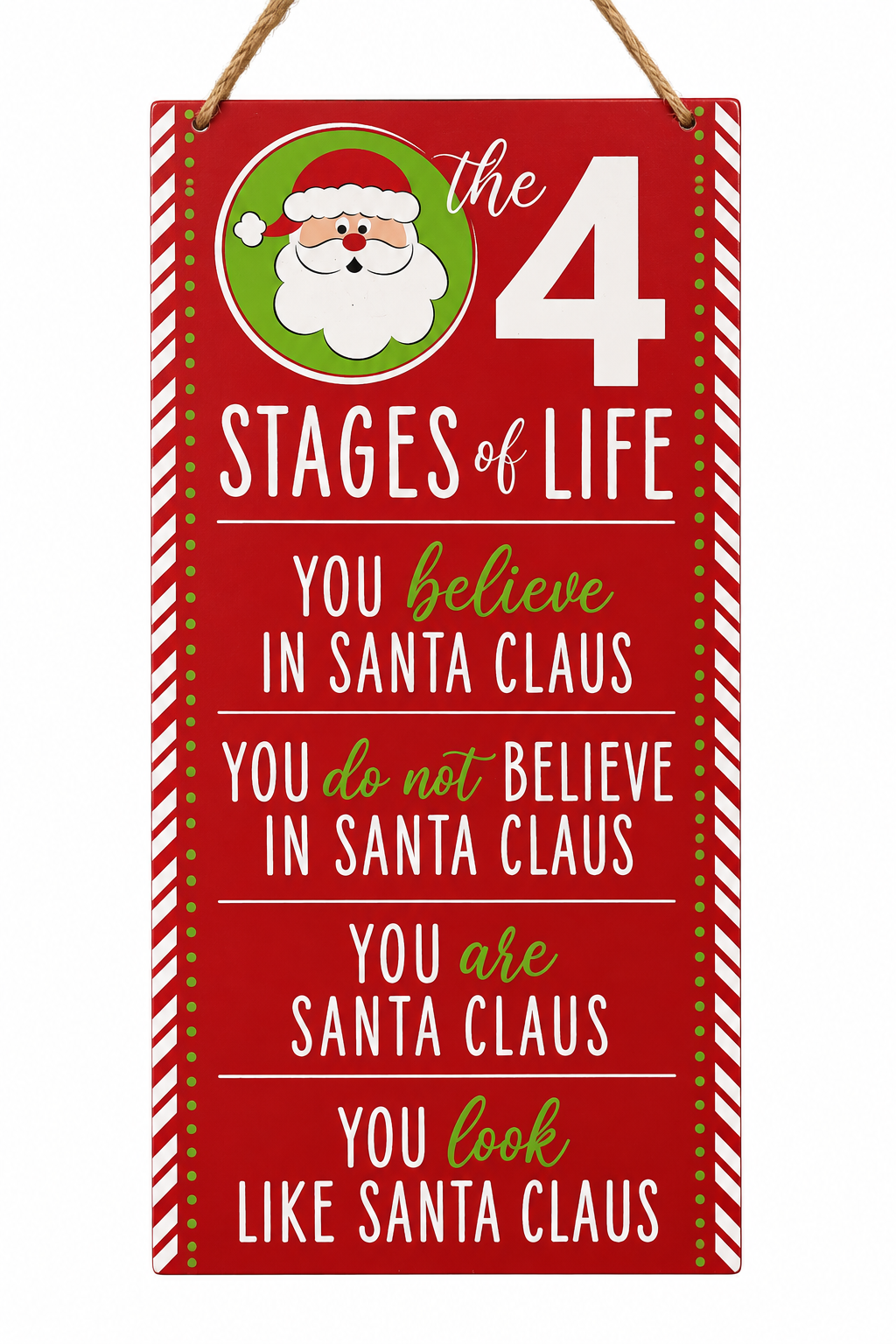 A red rectangular hanging sign with white and green text reading &