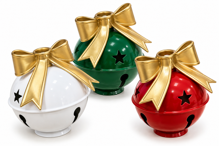 Three large jingle-bell-shaped taper candle holders in glossy white, green, and red, each topped with a sculpted gold bow and featuring star-shaped cutouts around the body.