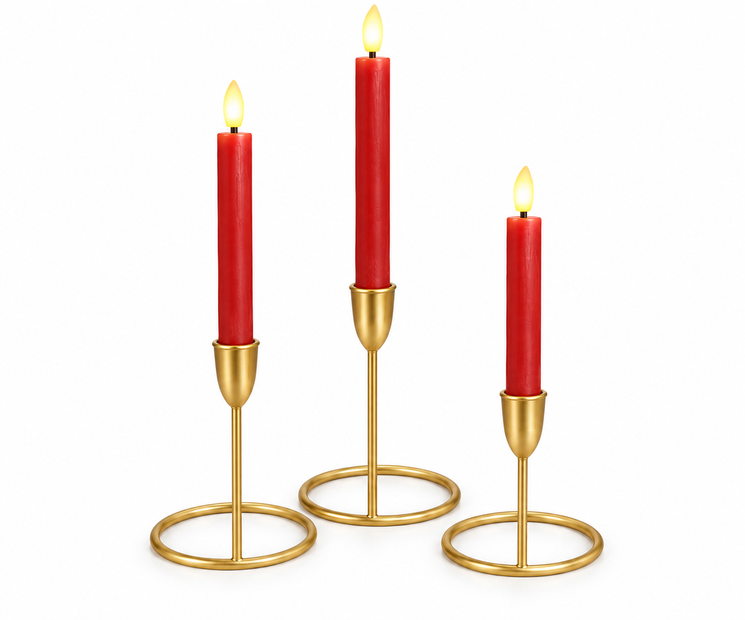 Three gold ring-base taper candle holders each holding a lit red flameless LED taper candle, displayed at three different heights against a white background.