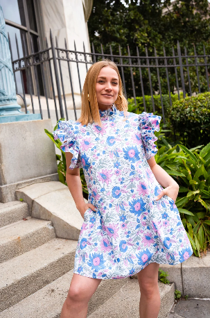 Indra Short Durga Dress, Blue Pink Floral