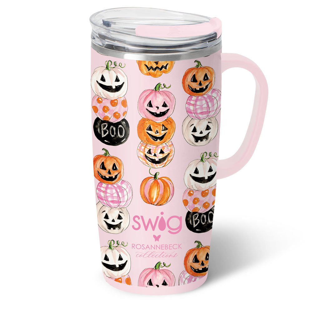 A 22-oz blush pink insulated travel mug with a pink handle and clear flip-top lid, printed with a watercolor stacked jack-o&