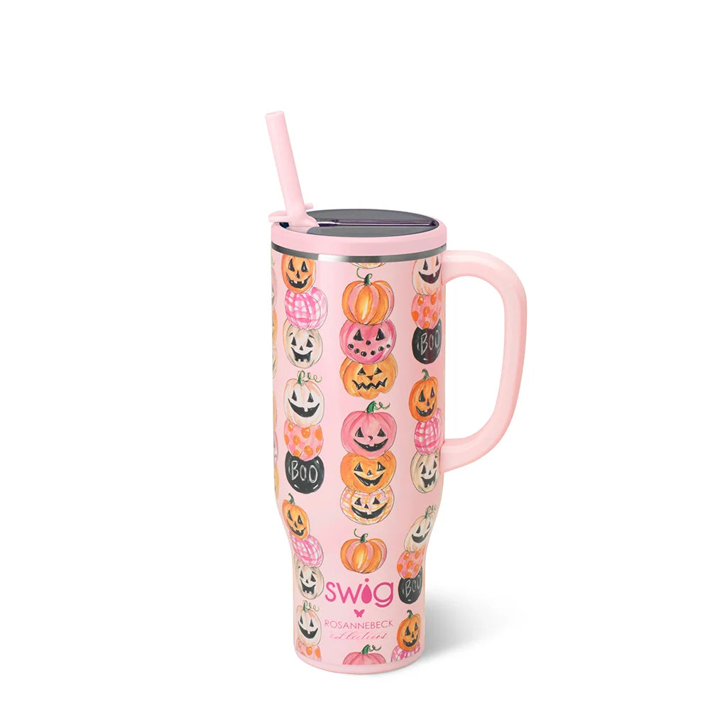 A tall blush pink 30oz insulated tumbler with an integrated side handle, a sliding pink lid, and a reusable pink straw, covered in a watercolor stacked jack-o&