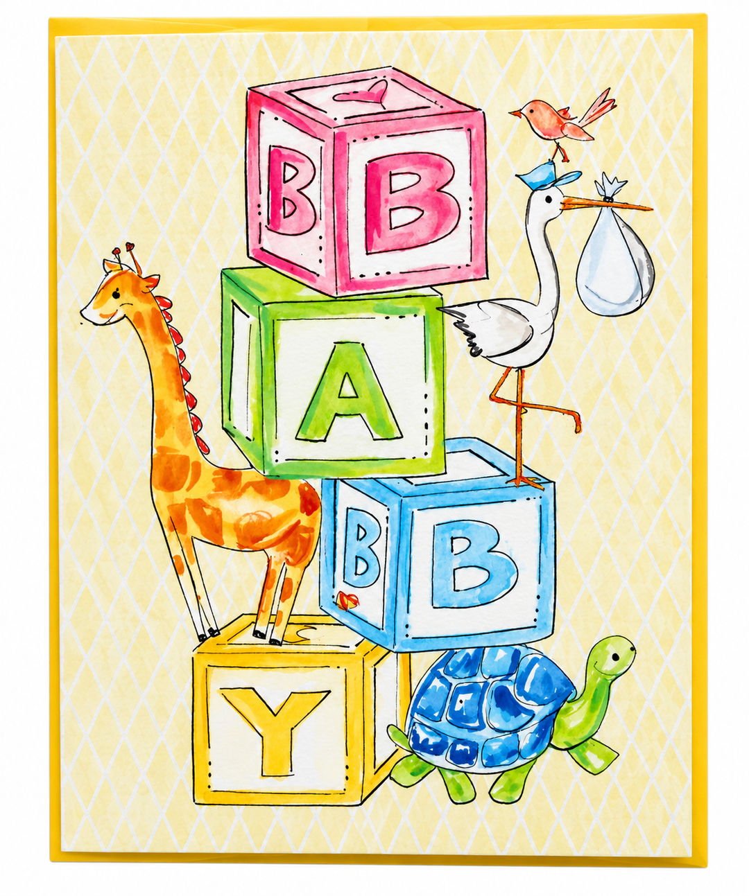 Baby Blocks Stork Giraffe and Turtle Greeting Card