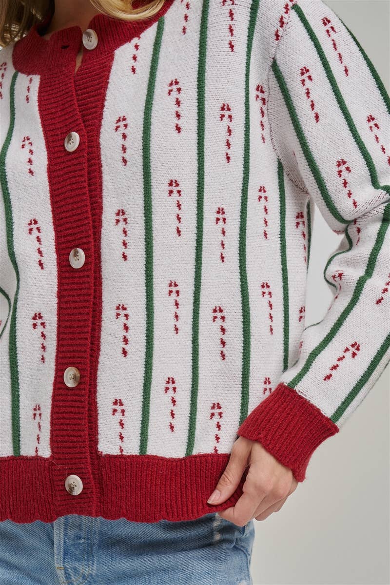 Festive Holiday Christmas Candy Cane Cardigan Sweater