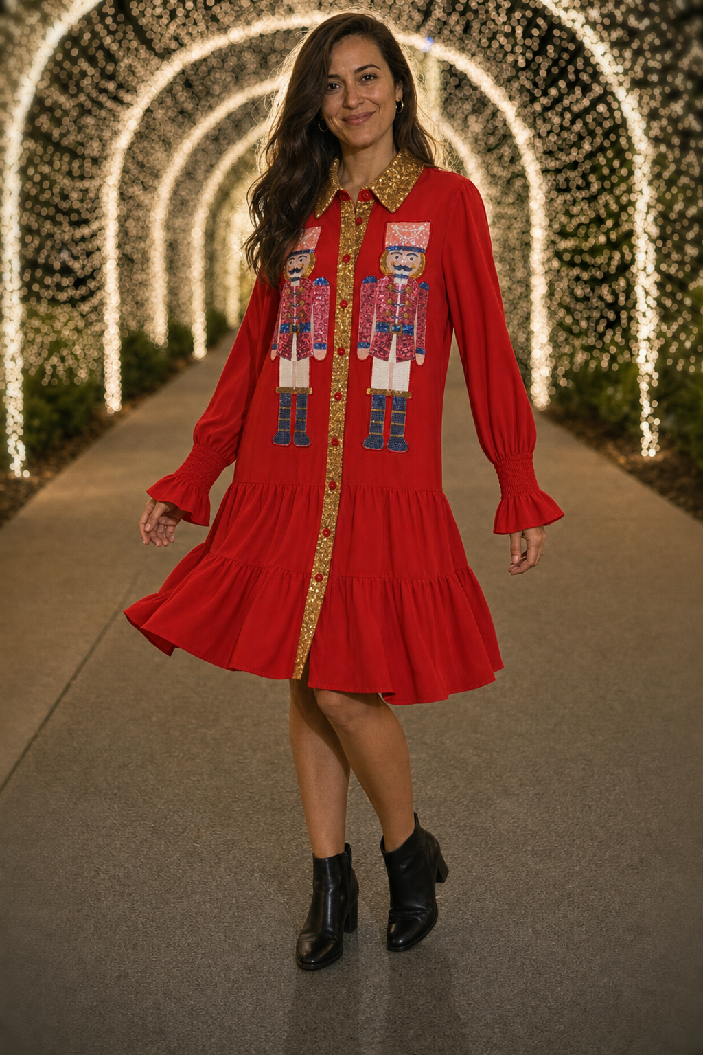 Red Nutcracker Sequin Ruffle Shirt Dress
