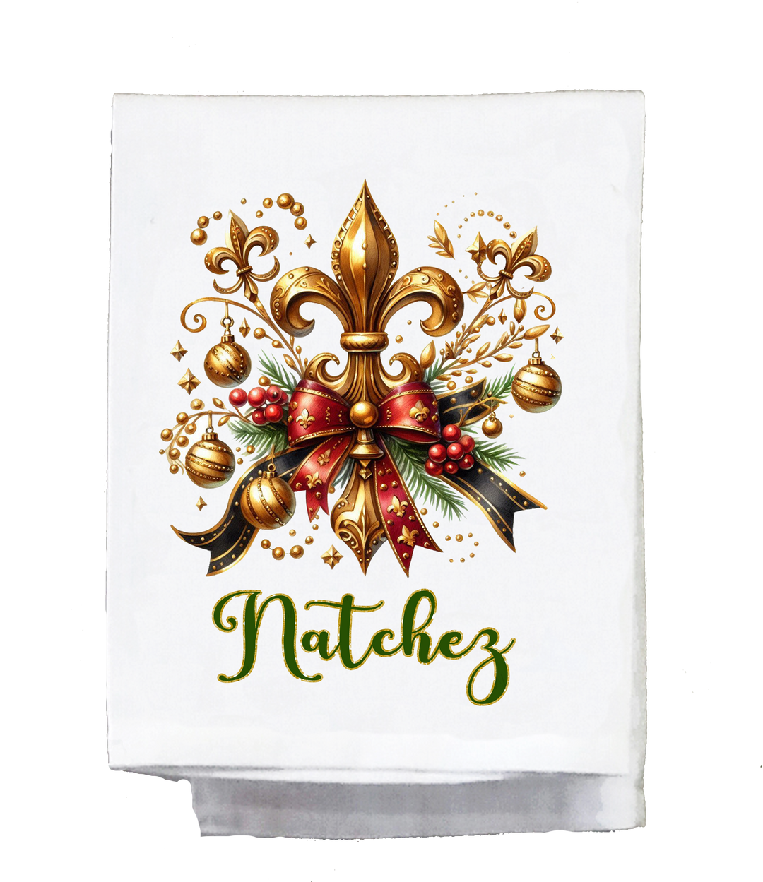 Christmas, Dish Towel , Gold Fleur de lis red bow, N