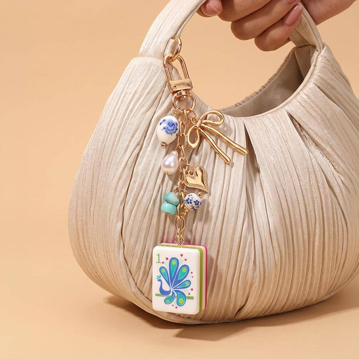 Mahjong Tile Drop Bow Pearl Heart Charm Embellished Keychain Bag Charm