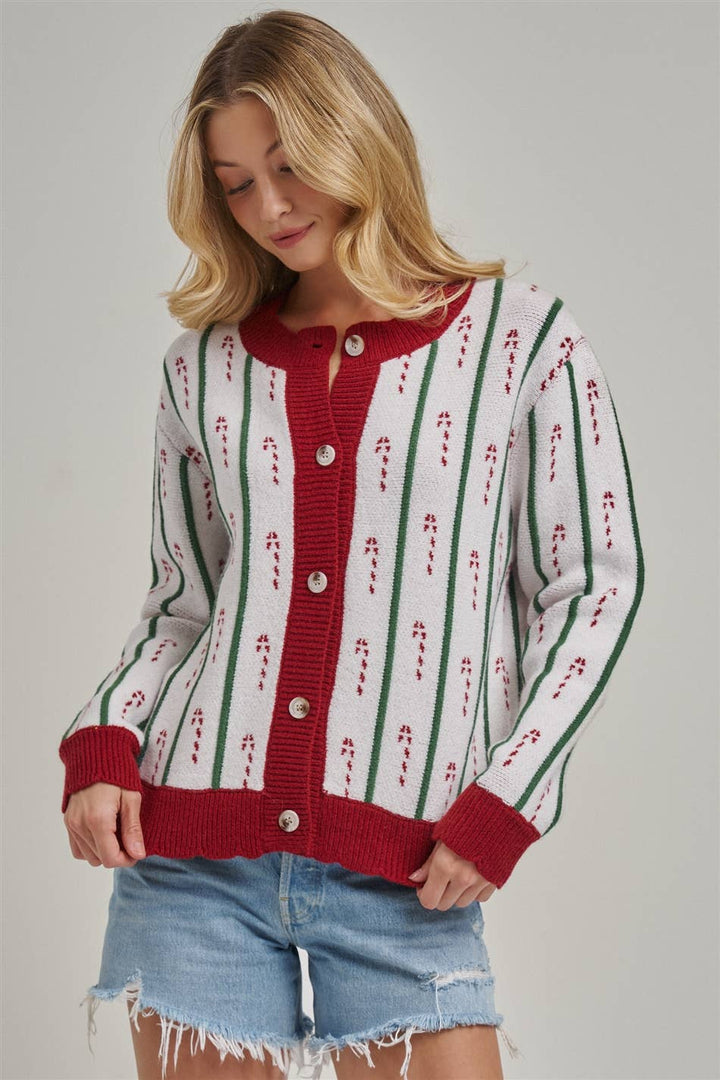 Festive Holiday Christmas Candy Cane Cardigan Sweater