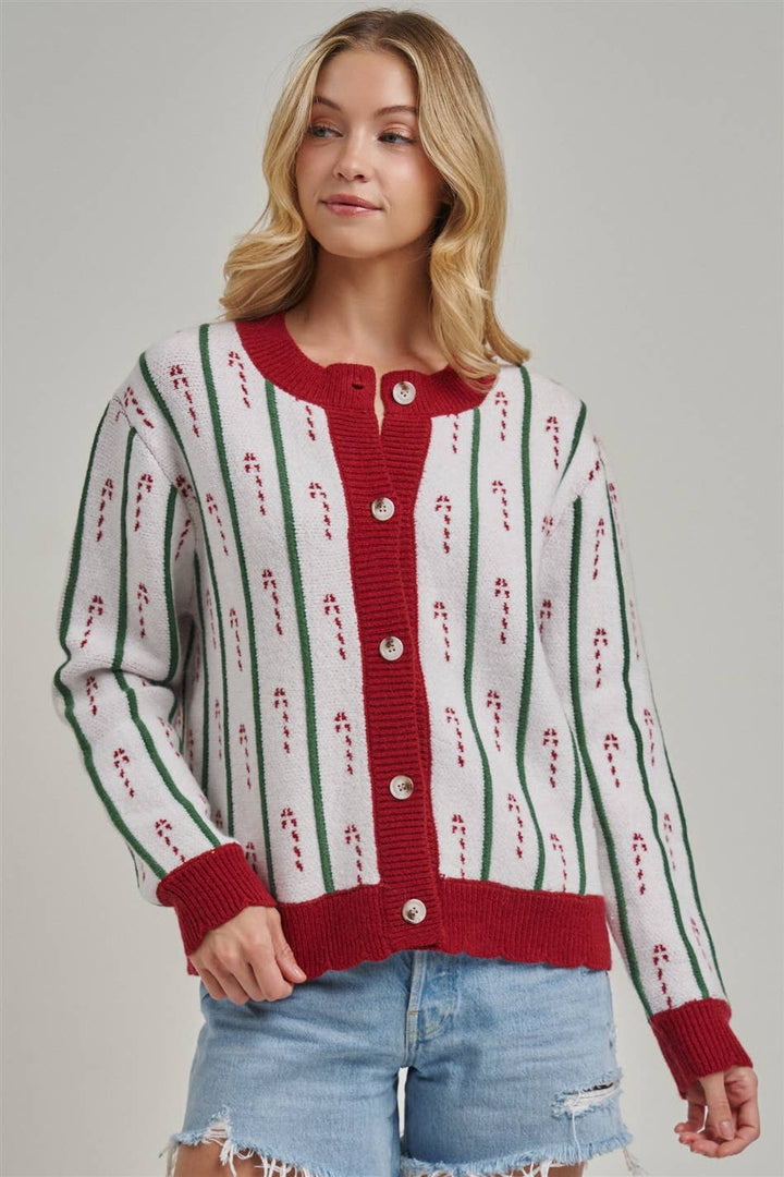 Festive Holiday Christmas Candy Cane Cardigan Sweater