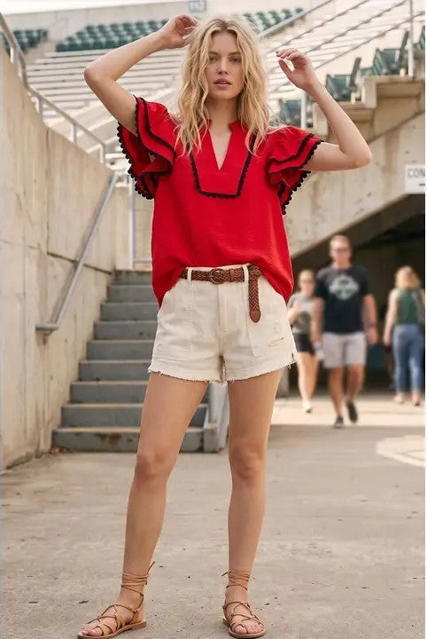 Ruffle Sleeve Scallop Trim Women&