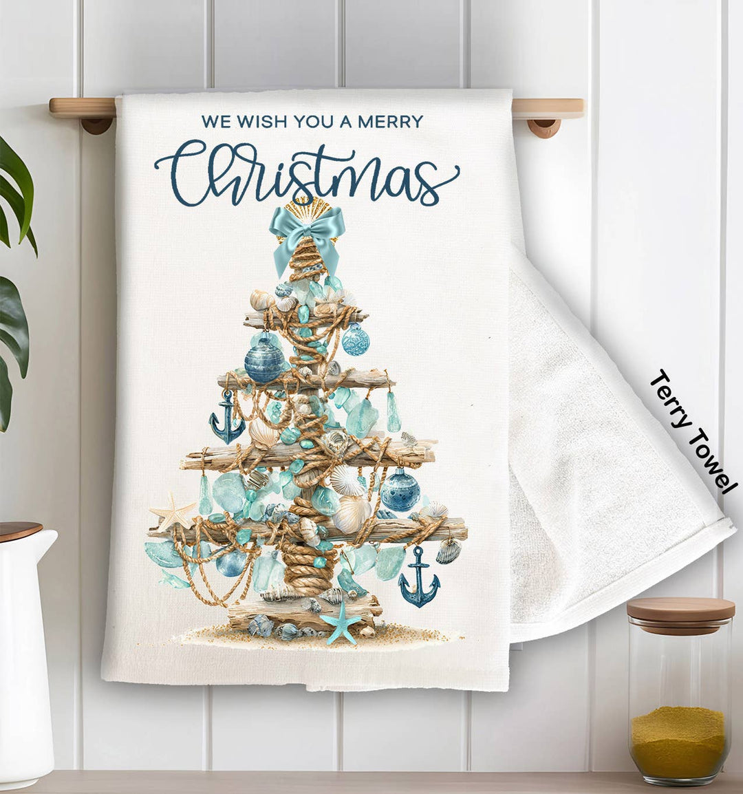 Coastal Christmas Sea Glass Tree Kitchen Terry Towel