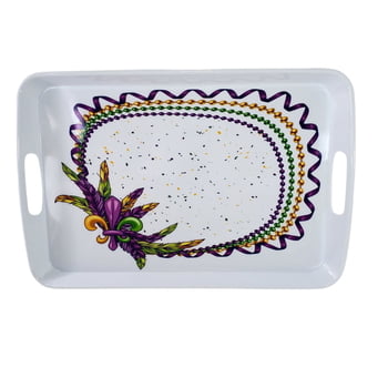 Mardi Gras Beads &amp; Feathers Melamine Tray, White, 18"