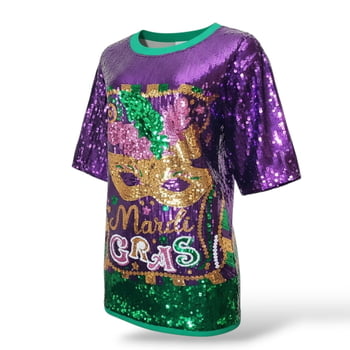 Purple Sequin Mardi Gras Mask T-Shirt Dress, One Size