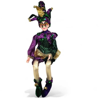 18" Hanging Jester Harlequin Fabric Doll, Purple Green Gold