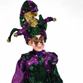 18" Hanging Jester Harlequin Fabric Doll, Purple Green Gold