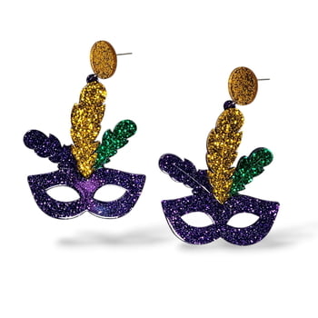 Acrylic Mask Earrings, Purple, Green, and Gold