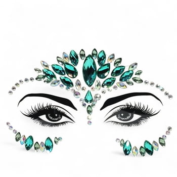 Green Jeweled Face Art, Emerald and Iridescent