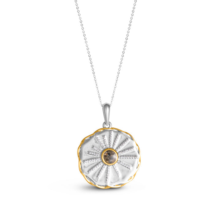 A round two-tone pendant necklace with a silver-tone sculpted sea urchin design featuring radiating ridged rays, a gold-tone scalloped border, and a bezel-set center stone, hanging from a delicate silver cable chain.